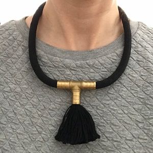 Black rope necklace with brass piece + tassel